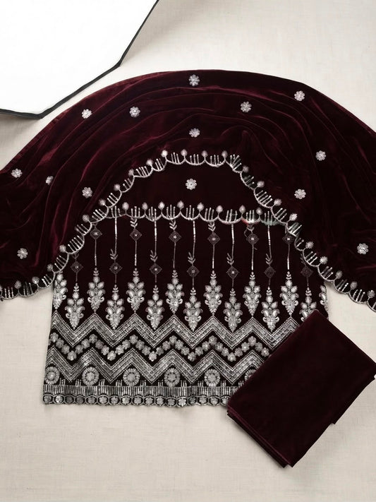 Premium Micro velvet Embroidered 3 piece unstiched suit [D-3)