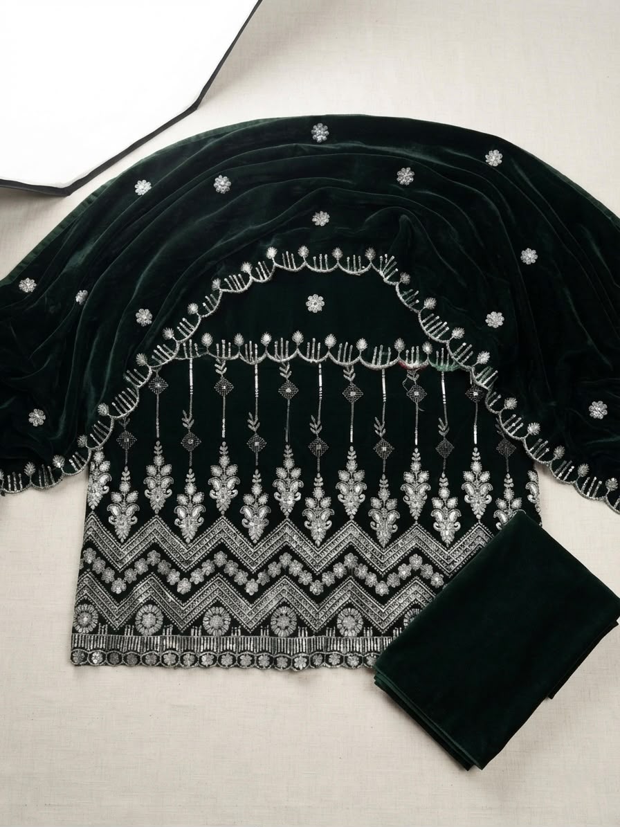 Premium Micro velvet Embroidered 3 piece unstiched suit [D-3)