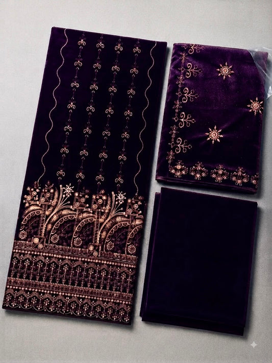 Premium Micro velvet Embroidered 3 piece unstiched suit [D-2]